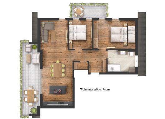 Grundriss Das Gipfelglück Grundriss einer Wohnung mit zwei Schlafzimmern, Wohnzimmer und zwei Terrassen.